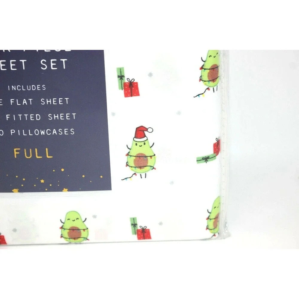 Holly Jolly FULL 4 Piece Sheet Set Christmas Santa Avocados